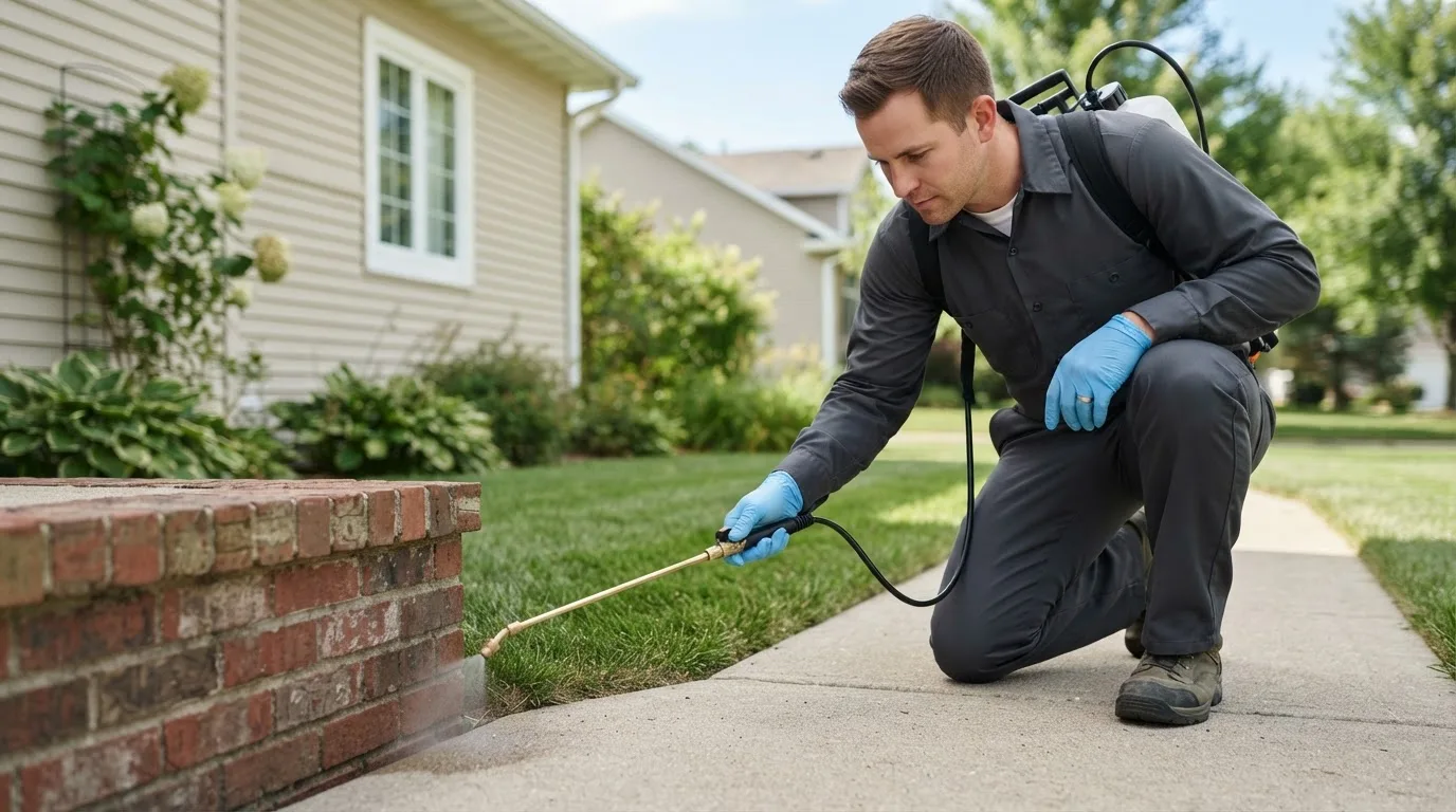 Pest control technician treating a home near Burtonsville, MD